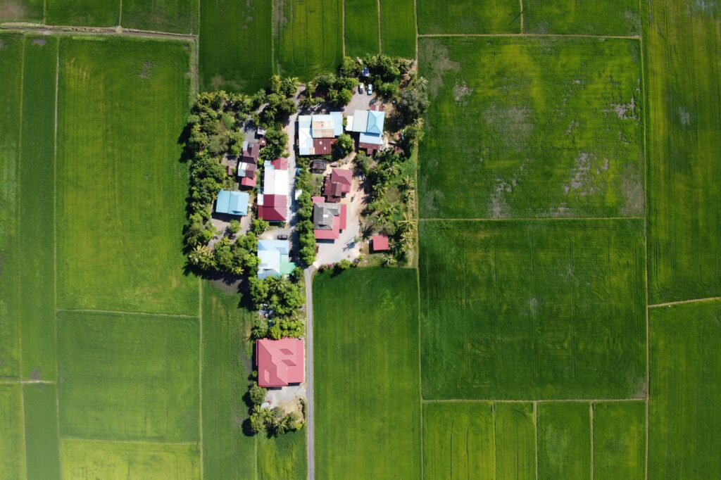 Picturesque drone view of small settlement surrounded by trees located in well groomed green field in sunlight